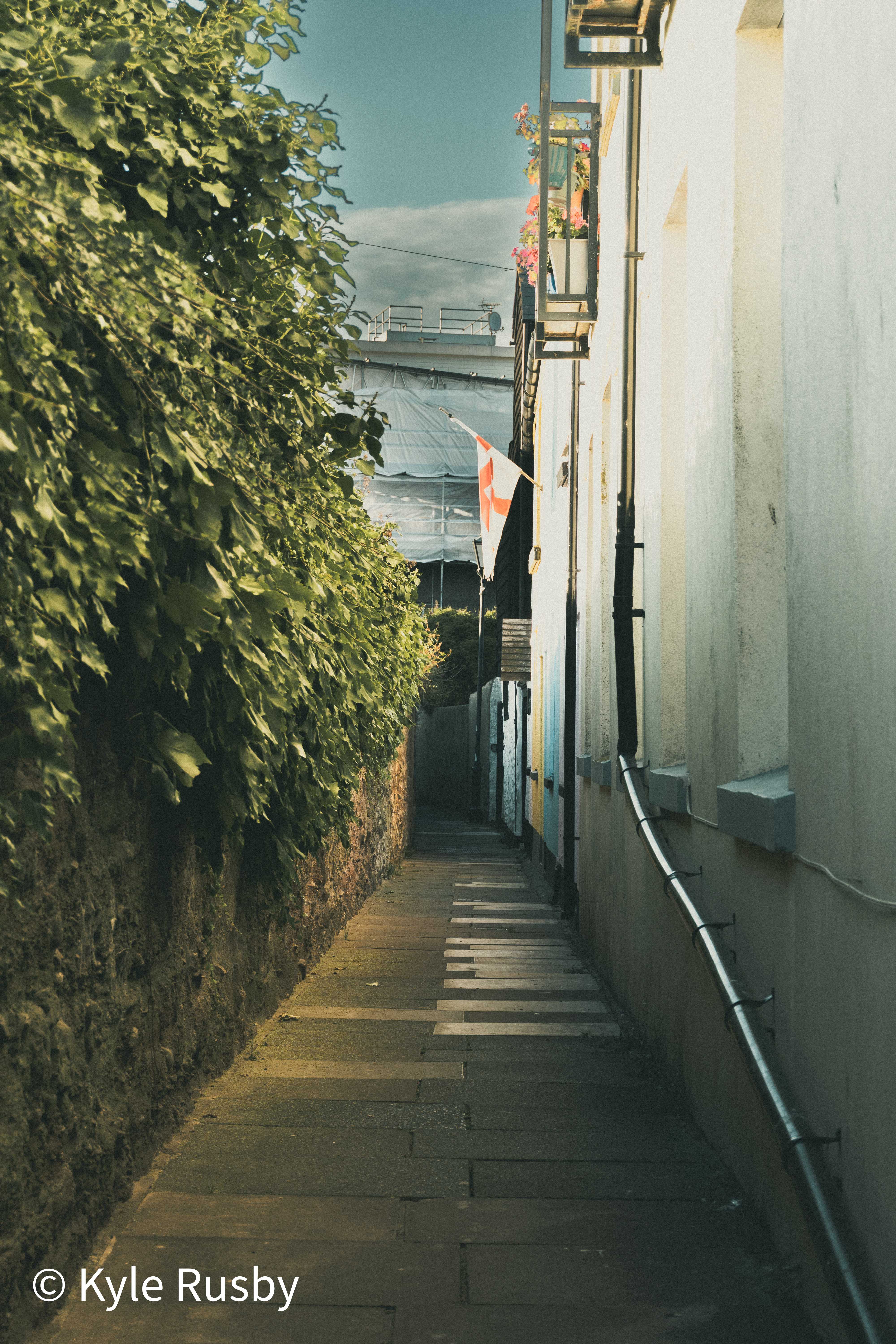 A narrow flagstone alley in golden evening light between a high hedge and white cottages, a St George flag and lantern hanging overhead