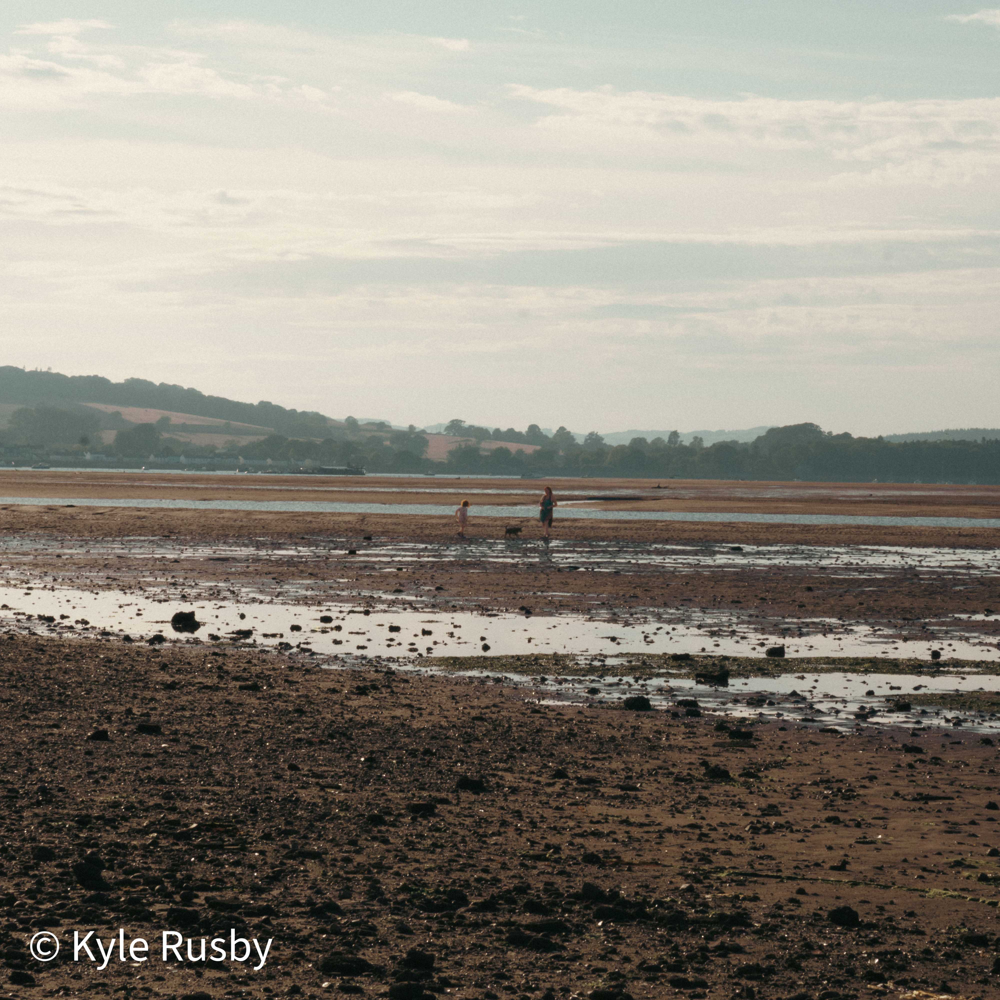 Two distant figures and a dog stand at the waterline of an emptied estuary, hills and fields hazy across the channel